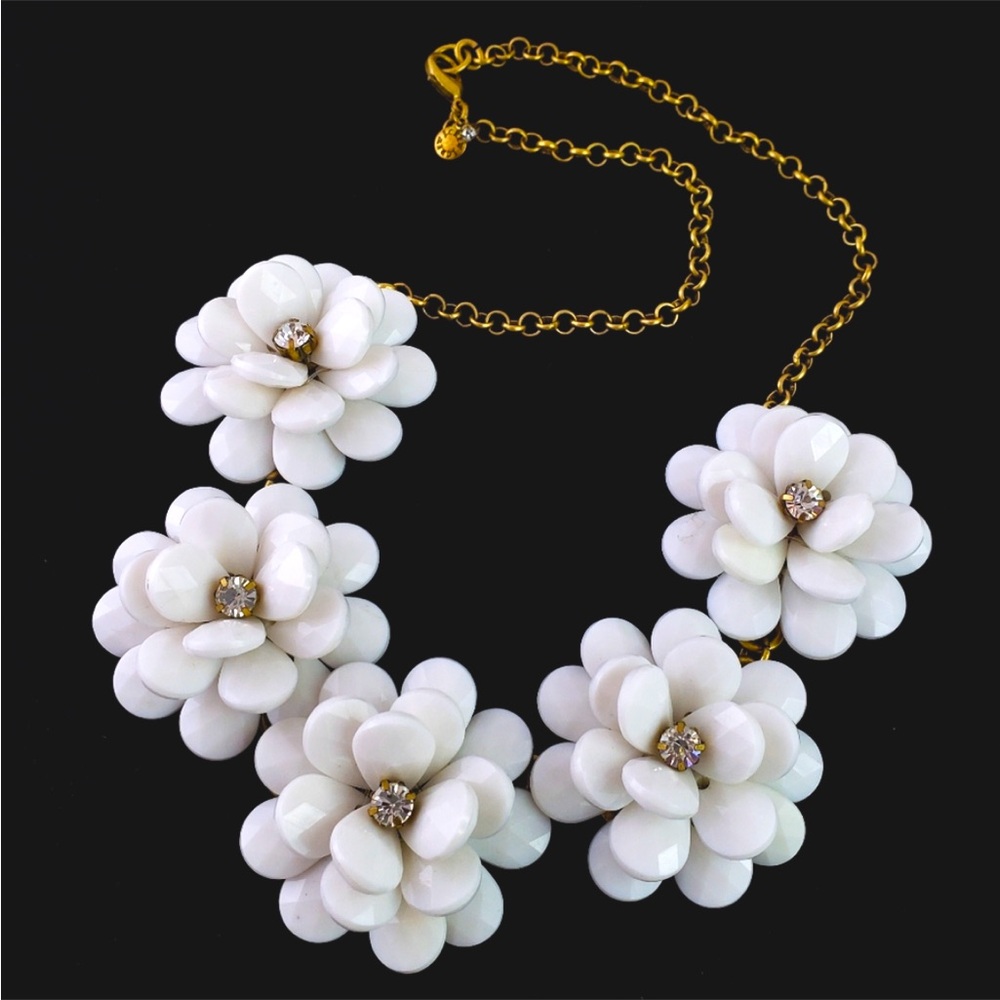 J. Crew White Orchid Flower & Rhinestone Crystal Gold Elegant Necklace, Rare